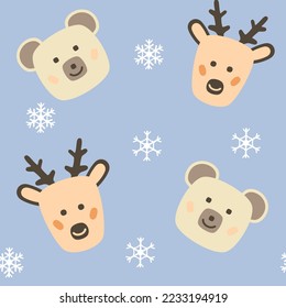 Baby seamless pattern with bear and deer. Flat style. Vector illustration 