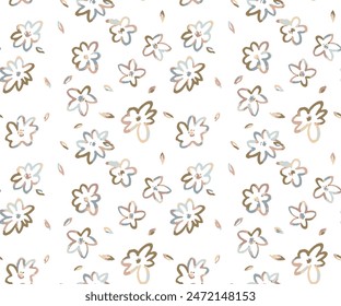 Baby seamless pattern beige Flower background randomly placed on a white background Hand drawn design in cartoon style, used for fabrics, textiles, gift wrapping,