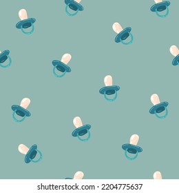 Baby seamless pattern. Blue, cream, azure, gray colors. Illustration of baby pacifiers and stars. Also for printing on paper and fabric.