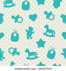 Baby seamless pattern. Blue, cream colors. Illustrations of rocking horse, pacifier, baby clothes, teddy bear, bib, star, heart on heart-shaped background. 