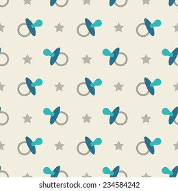 Baby seamless pattern. Blue, cream, azure, gray colors. Illustration of baby pacifiers and stars. Also for printing on paper and fabric. 