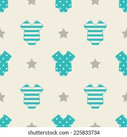 Baby seamless pattern. Blue, gray, cream colors. Illustration of baby clothes and stars. 