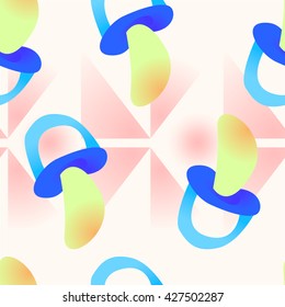 Baby seamless pattern. Blue and pink colors. Childrens book illustration. The image pacifiers and round balls with triangle. For printing on fabric and paper.