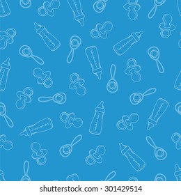 Baby seamless pattern. Blue and white colors. Children's illustration. The image of pacifiers , bottles and rattles.For printing on fabric and paper.