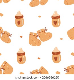 Patrón sin costura del bebé con botellas y botellas de bebé. Ilustración vectorial moderna. 