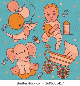 El diseño del bebé es impecable con un niño, un cochecito y juguetes. Concepto pintado en tonos pastel.
