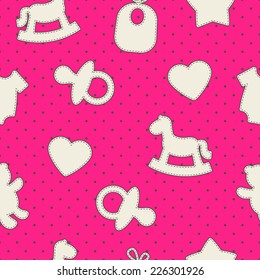 Baby seamless pattern. Bright pink, cream colors. Illustrations of rocking horse, pacifier, baby clothes, teddy bear, bib, star, heart on polka dot background. 