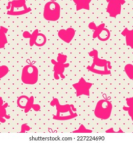 Baby seamless pattern. Bright pink, cream colors. Illustrations of rocking horse, pacifier, baby clothes, teddy bear, bib, star, heart on heart-shaped background. 