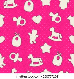 Baby seamless pattern. Bright pink, cream colors. Illustrations of rocking horse, pacifier, baby clothes, teddy bear, bib, star, heart on polka dot background. 