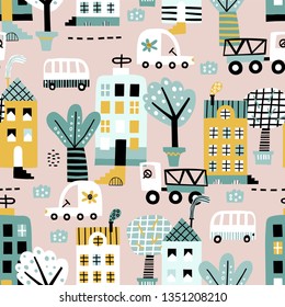 Baby seamless pattern with buildings, road, transport, abstract trees. Good for kids fabric, textile, nursery wallpaper. Seamless city landscape. Scandinavian style
