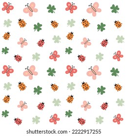 Baby seamless pattern with butterfly, ladybug, clover. Flat style. Vector illustration.