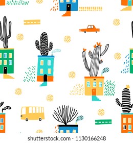 Baby seamless pattern - cacti on the roofs of houses. Cute cartoon city. Perfect for kids fabric, textile, nursery wallpaper.