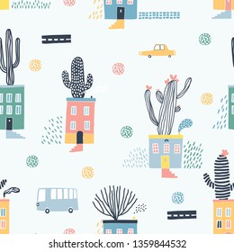 Baby seamless pattern - cacti on the roofs of houses. Cute cartoon city. Perfect for kids fabric, textile, nursery wallpaper.