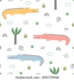 Baby seamless pattern Cartoon background with crocodile and trees Hand drawn design in kid style, use for print, wallpaper, fabric, textile. Vector illustration