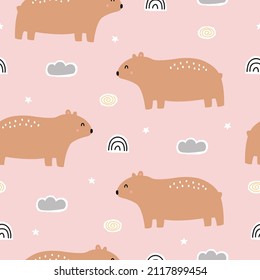 Baby seamless pattern cartoon background with bears and rainbow Used for fabric pattern, textile, wallpaper, vector illustration