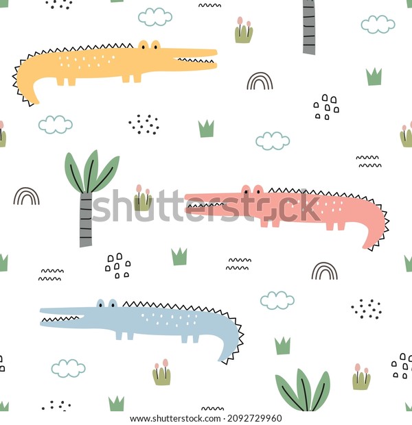 Baby seamless pattern\
Cartoon background with crocodile and trees Hand drawn design in\
kid style, use for print, wallpaper, fabric, textile. Vector\
illustration