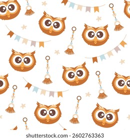 Baby seamless pattern with cartoon owls, decorative garlands, toys and stars isolated on white background.