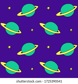 Baby seamless pattern. Cartoon planet saturn and stars in space. Vector Cosmic background and texture. For kids design, fabric, wrapping, wallpaper, textile, apparel