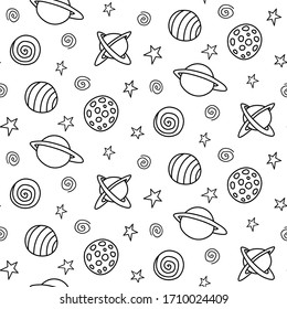 Baby seamless pattern. Cartoon planets and stars in space. Vector Cosmic background and texture. For kids design, fabric, wrapping paper, coloring book, textile, apparel.