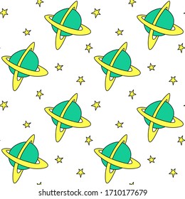 Baby seamless pattern. Cartoon planets and stars in space. Vector Cosmic background and texture. For kids design, fabric, wrapping, wallpaper, textile, apparel
