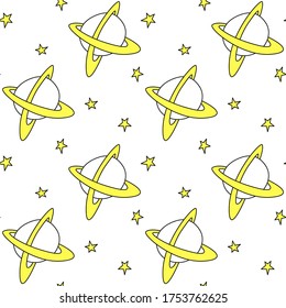 Baby seamless pattern. Cartoon planets and stars in space. Vector Cosmic background and texture. For kids design, fabric, wrapping paper, wallpaper, textile, apparel