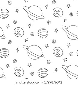 Baby seamless pattern. Cartoon planets and stars in space. Vector Cosmic background and texture. For kids design, fabric, wrapping paper, coloring book, wallpaper, textile, apparel