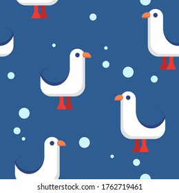 baby seamless pattern with cartoon seabird and bubbles on a dark blue background. cartoon flat design of gull. Marine theme. for packaging, paper, fabric. print for clothes