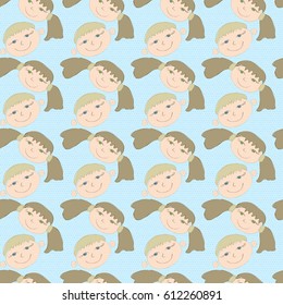 Baby seamless pattern with cartoon smiling faces of kids. Dotty blue background. Vector eps 10.