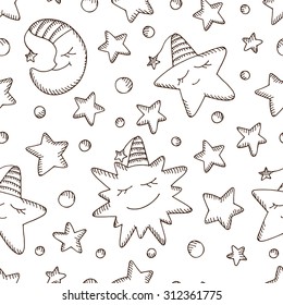 Baby seamless pattern. Cartoon Sun, Moon (Crescent) and Stars