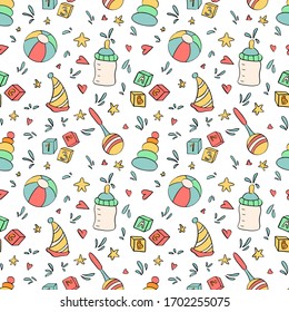 Baby seamless pattern. Children toys and items in cartoon style.