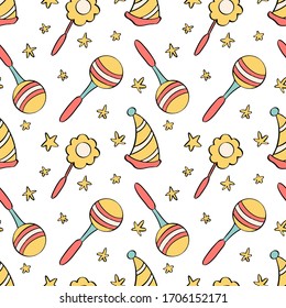 Baby seamless pattern. Children toys in cartoon style.