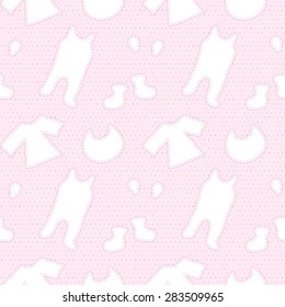 Baby seamless pattern with child's clothing in pink. For a girl. Vector eps 10.