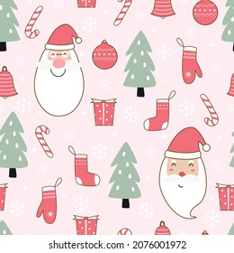 Baby seamless pattern Christmas background Santa Claus and Christmas tree. Hand drawn design in cartoon style. Use for prints, celebration wallpapers, fabrics, textiles vector illustrations.