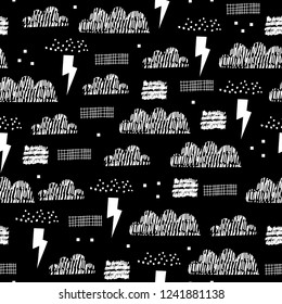 Baby seamless pattern of clouds, lightning and rain. Perfect for kids fabric, textile, nursery wallpaper. Vector Illustration.