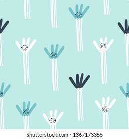 Baby seamless pattern with creative decorative flowers in scandinavian style. Great for textile, fabric, wrapper and wallpaper. Vector illustration.