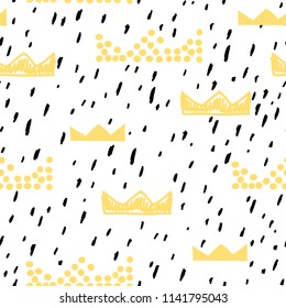 Baby seamless pattern with crowns and dots painted with a brush. Cute baby and little princess design. Children's room wallpaper and clothes texture. Scandinavian style. Black and white.