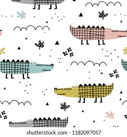 Baby seamless pattern with cute alligator and tropical plants. Perfect for kids fabric, textile, nursery wallpaper. Creative jungle childish texture. Scandinavian style.