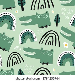 Baby seamless pattern with cute alligator, rainbows and trees. Creative childish texture for fabric, wrapping, textile, wallpaper, apparel. Vector illustration.