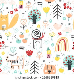 Baby seamless pattern with cute animals in the forest. Creative childish texture for fabric, wrapping, textile, wallpaper, apparel. Vector illustration