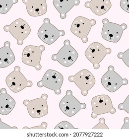 Baby seamless pattern cute bear face cartoon animal background. Hand drawn design in children's style. Use for prints, decorations, fabrics, textiles, vector illustrations.