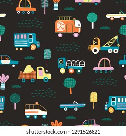 Baby seamless pattern with cute cars. Perfect for kids fabric, textile, nursery wallpaper. Cute vector illustration in scandinavian style.