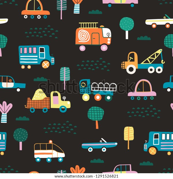 Baby seamless pattern with cute cars. Perfect for\
kids fabric, textile, nursery wallpaper. Cute vector illustration\
in scandinavian style.