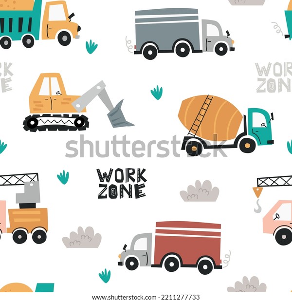 Baby seamless pattern with cute cars.\
Pattern for bedroom, wallpaper, kids and baby\
wear.
