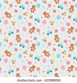 Baby seamless pattern with cute cartoon toys. Teddy, balloon, bricks, candy, whirligig and car. For wallpapers, backgrounds, surface textures and prints.