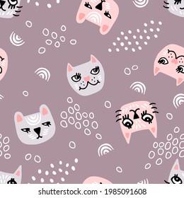 Patrón de bebé sin costura con caras de gato lindas para ropa. Antecedentes de mascotas de color Rosy Brown pálido para los niños vestidos. Textura vectorial con cabezas de gatito de dibujos animados para ropa de bebé, decoración de vivero, textil. Animales amigables