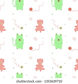 Baby seamless pattern with cute cats and balls. Creative vector childish background for fabric, textile, nursery wallpaper. Vector Illustration
