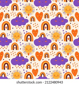 Baby seamless pattern with cute cloud, sun, rainbow, rain of hearts and smiling heart. Kawaii cartoons characters. Hand drawn flat illustration. Childish Scandinavian colourful decorative print design