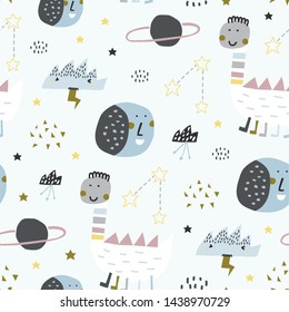 Baby seamless pattern with cute moon? clouds, planets and dino. Cute vector childish background for fabric, textile, nursery wallpaper. Vector Illustration.