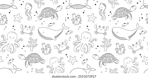 Baby seamless pattern with cute crab, whale and turtle on white background in line style for textiles or fabric for newborns