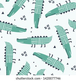 Baby seamless pattern with cute crocodile. Creative vector childish background for fabric, textile, nursery wallpaper. Vector Illustration.